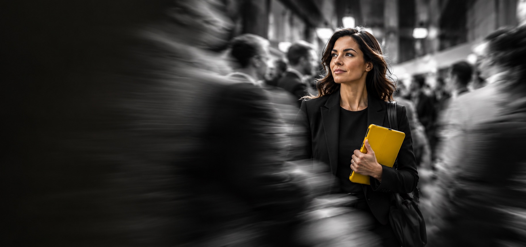 Executiva com tablet amarelo no meio de uma multidão em movimento