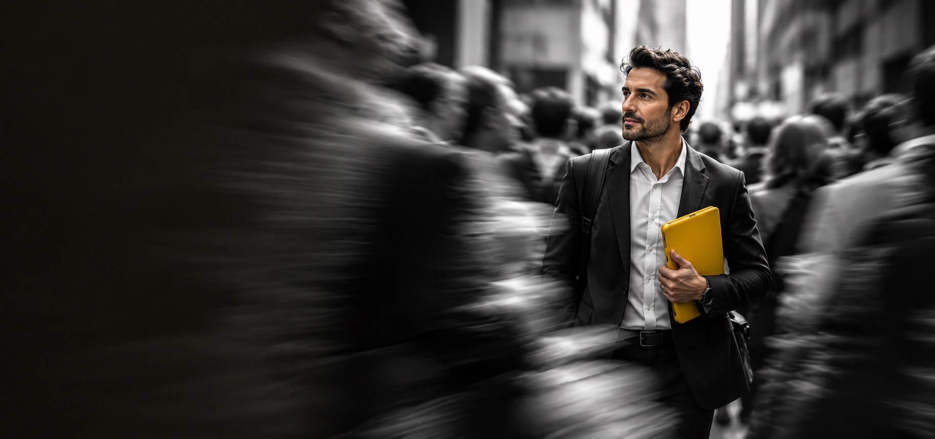 Executivo com tablet amarelo no meio de uma multidão em movimento