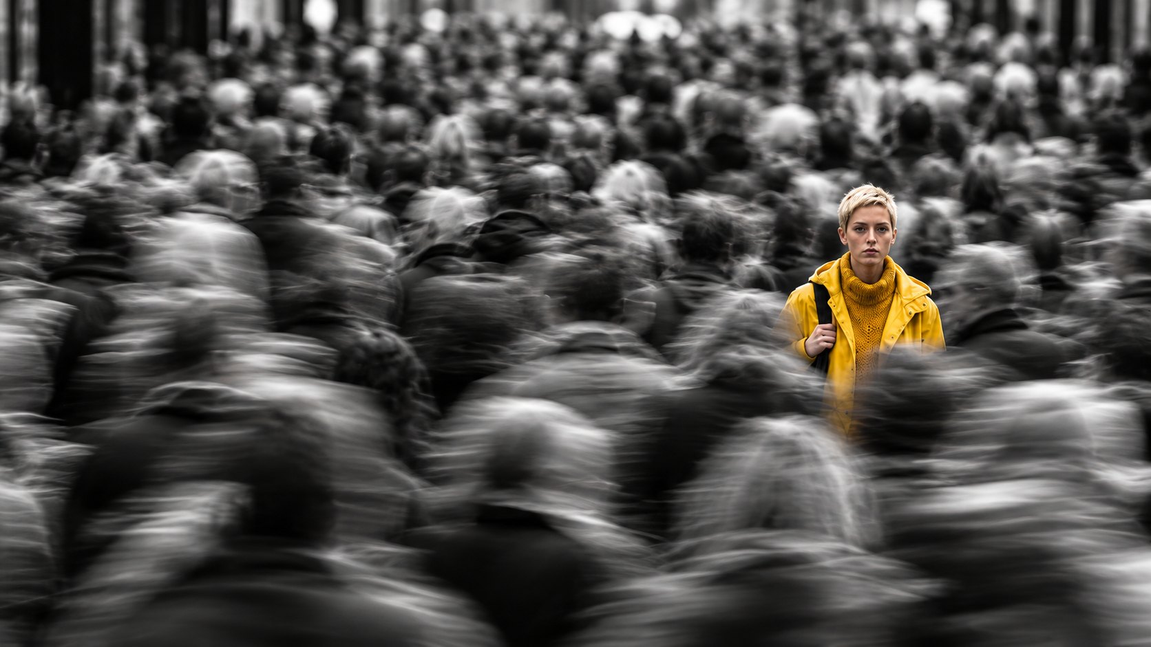 Mulher de casaco amarelo parada no meio de uma multidão em preto e branco