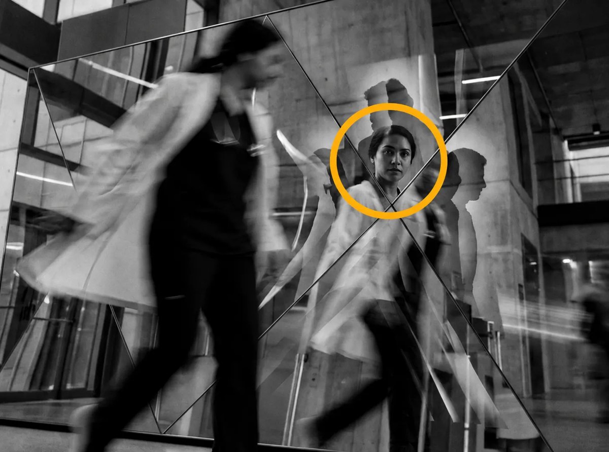 Profissional de saúde refletida em um vidro, destacada por um círculo amarelo entre pessoas em movimento